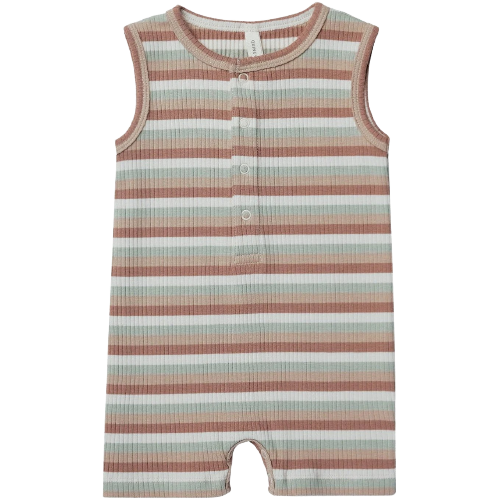 Quincy Mae Ribbed Henley Romper | Summer Stripe